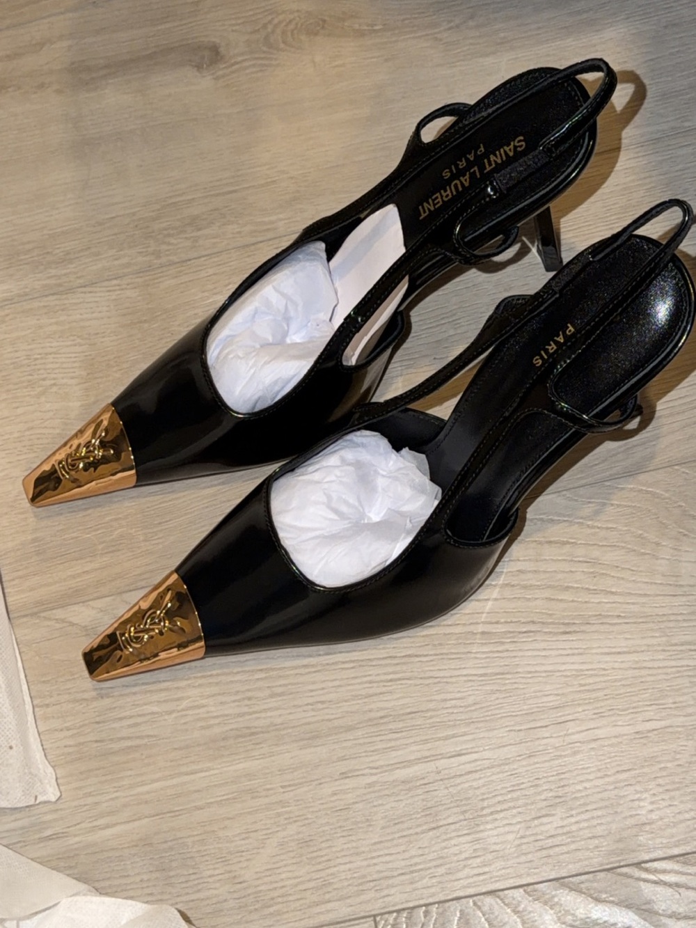 Saint Laurent Black Patent Leather Slingback Heels with Gold Toe Caps